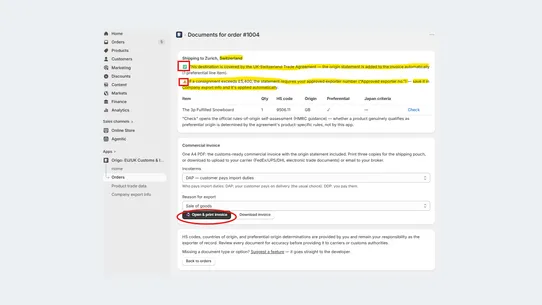 Origo: EU/UK Customs &amp; Invoice screenshot