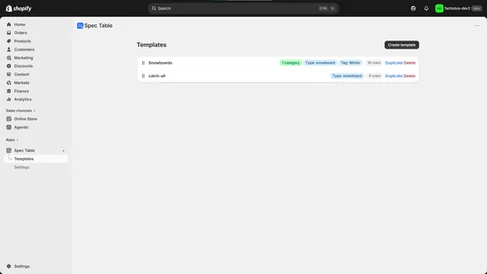 Spec Table screenshot