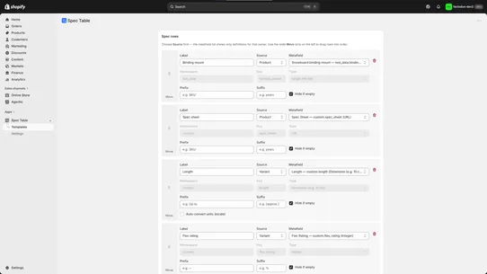 Spec Table screenshot