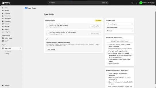 Spec Table screenshot