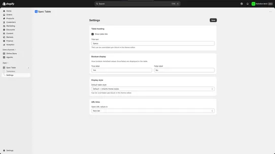 Spec Table screenshot