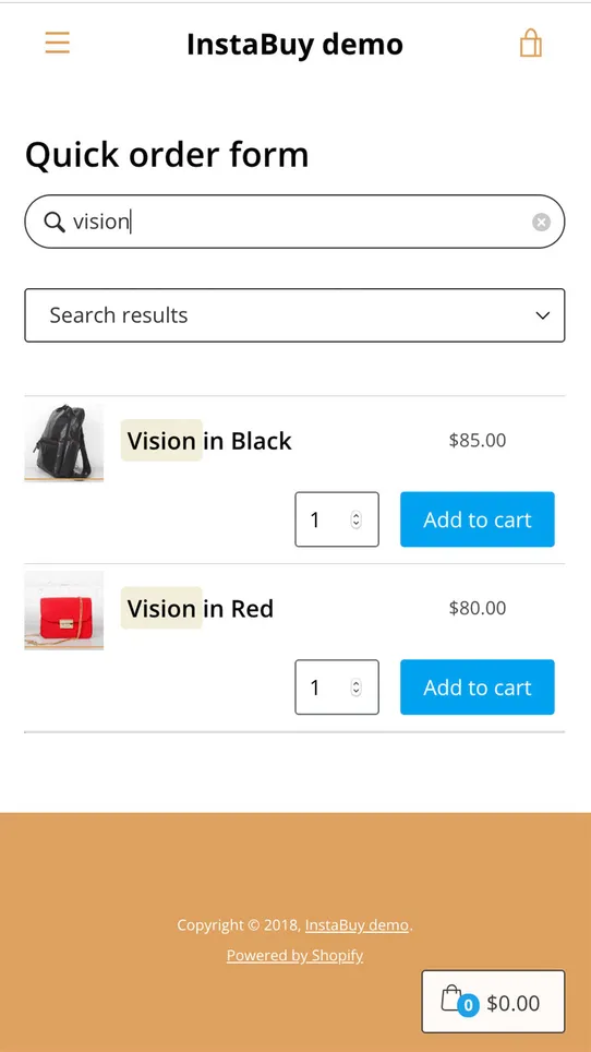 InstaBuy Quick Order Forms screenshot