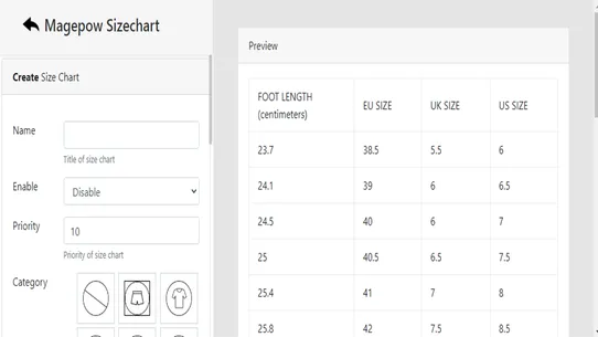 Magepow Size Chart screenshot