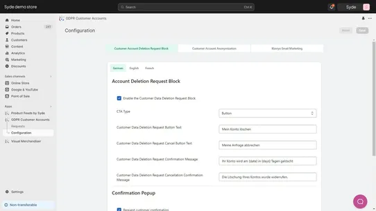 GDPR ‑ Customer Accounts screenshot