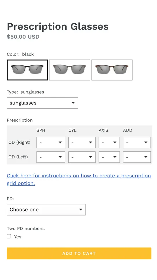 Variant Option Product Options screenshot