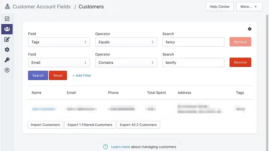 Bonify Customer Account Fields screenshot