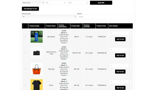 Product Table screenshot