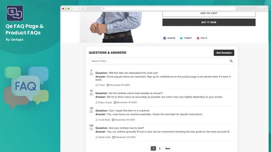 Qe FAQ Page &amp; Product FAQs screenshot