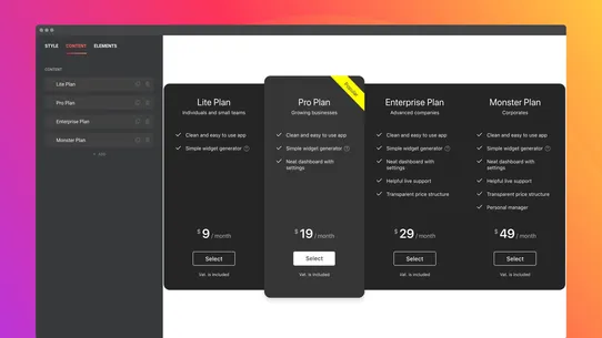 Elfsight Product Pricing Table screenshot