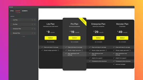 Elfsight Product Pricing Table screenshot