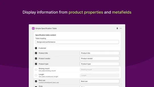 Simple Specification Table screenshot