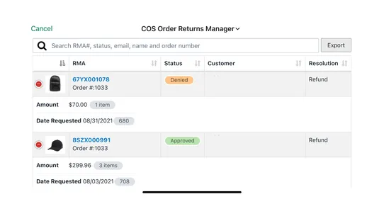 COS Order Returns Manager screenshot