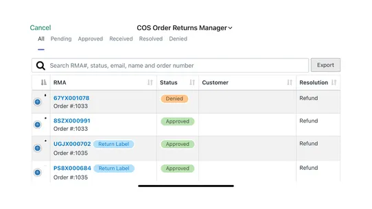 COS Order Returns Manager screenshot