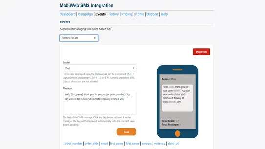 MobiWeb SMS Integration screenshot