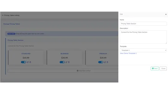 Zify Pricing Table screenshot