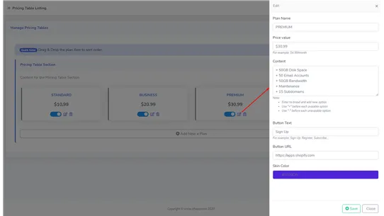 Zify Pricing Table screenshot