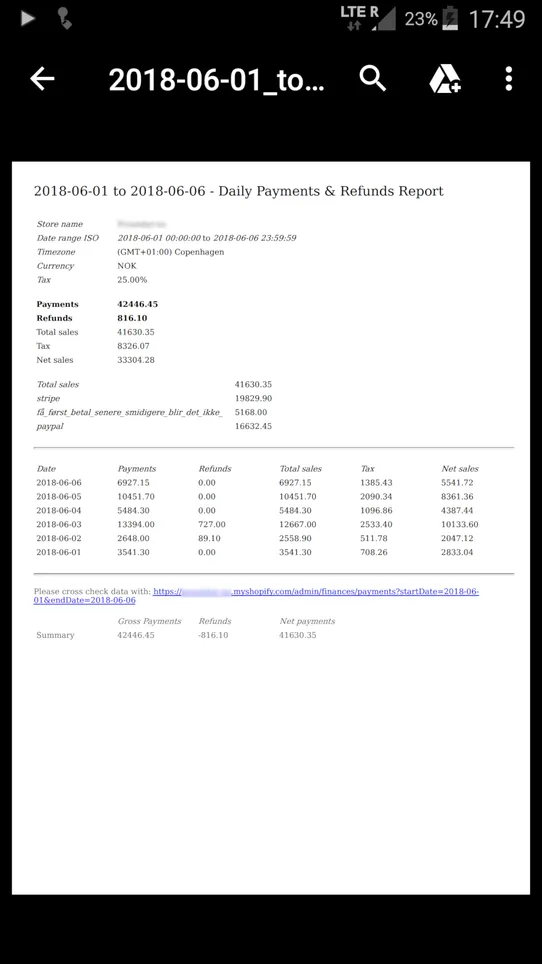 Payments &amp; Refunds PDF Report screenshot