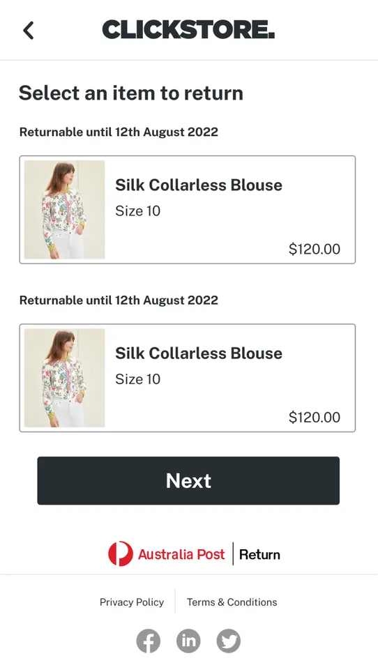 Returns Plus ‑ Australia Post screenshot