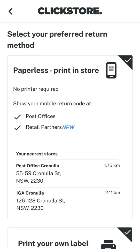 Returns Plus ‑ Australia Post screenshot