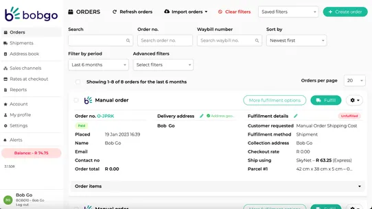 Bob Go smart shipping solution screenshot