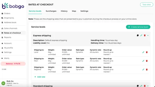 Bob Go smart shipping solution screenshot