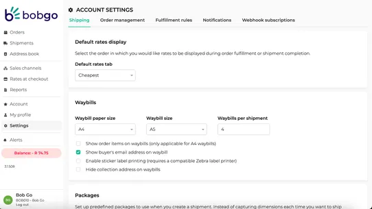 Bob Go smart shipping solution screenshot