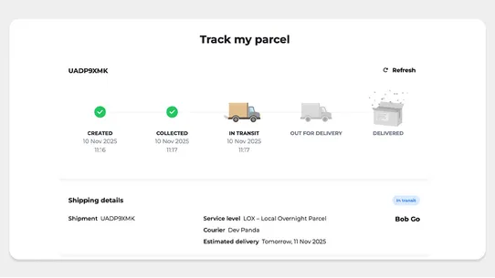 Bob Go smart shipping solution screenshot