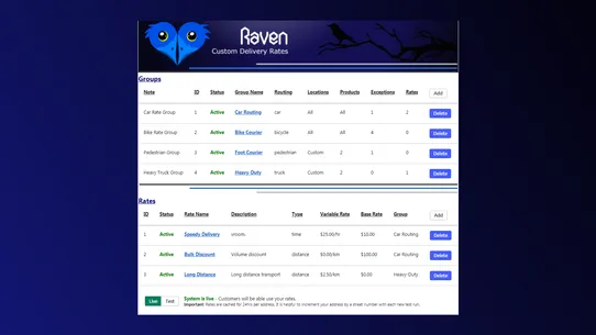 Raven ‑ Custom Delivery Rates screenshot