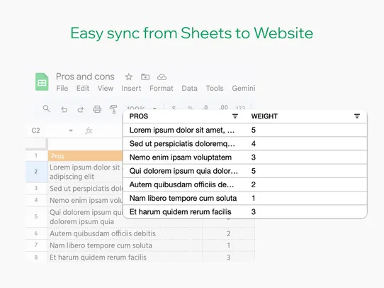 Google Sheets Table Display screenshot